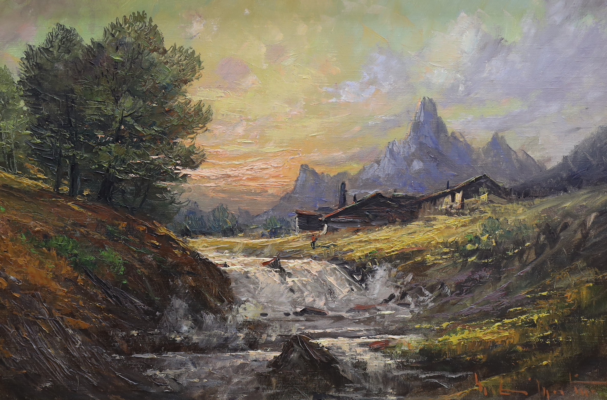 Italian School, two oils on canvas, Alpine landscapes, indistinctly signed, 68 x 98cm and 59 x 91cm